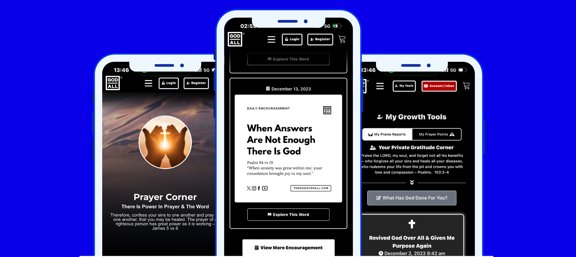 Community website and app displayed across three mobile screens