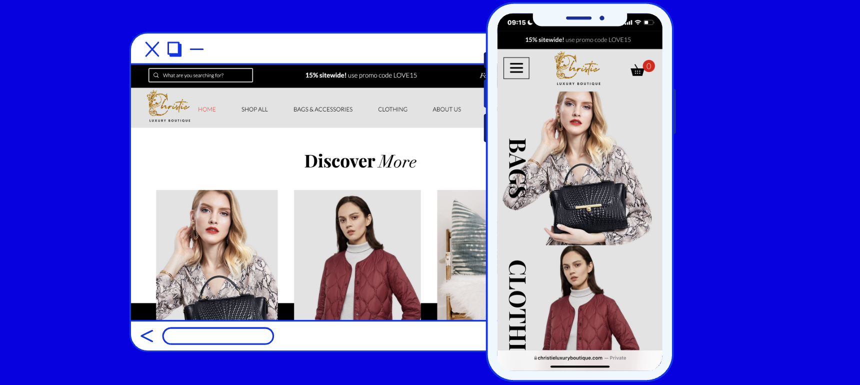 Luxury fashion e-commerce website displayed on desktop and mobile